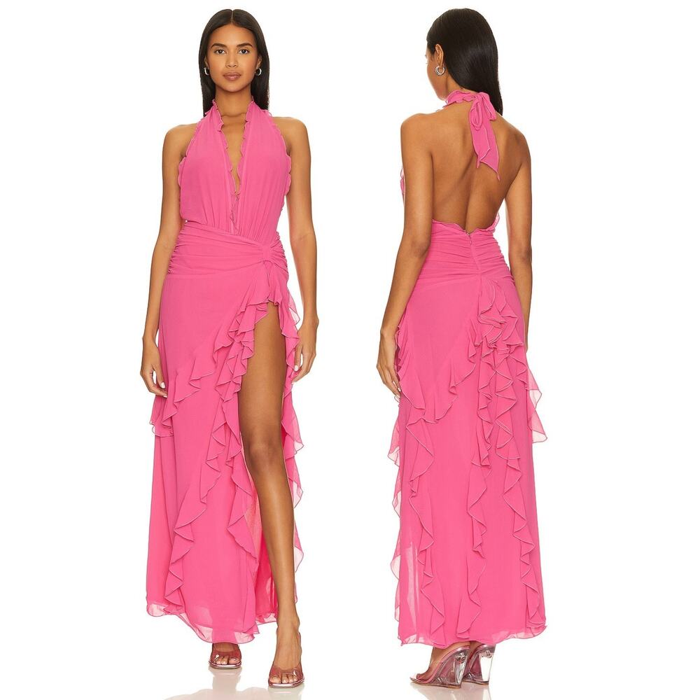 NBD Celenia Maxi Dress Halter Ruched Ruffle Formal Prom Party Fairy Romantic XS